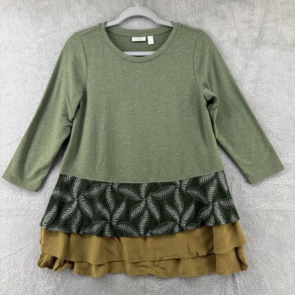 LOGO Lounge Top Womens XS Green Tunic Tiered Hem Embroidered Floral Fern Fairy - Picture 1 of 15